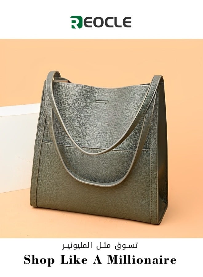 ريوكل حقيبة يد نسائية من الجلد الطبيعي، حقيبة يد بسيطة بلون سادة، حقيبة كتف ناعمة كاجوال ريترو للاستخدام اليومي - Image 1