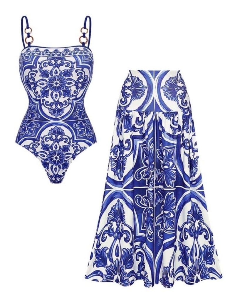 FLAXMAKER Women's One Piece Sling Classic Majolica Adjustable Bathing Suits Back Lace up Swimsuit with Skirt/Shorts(Blue #1 Skirt,L) - Image 1