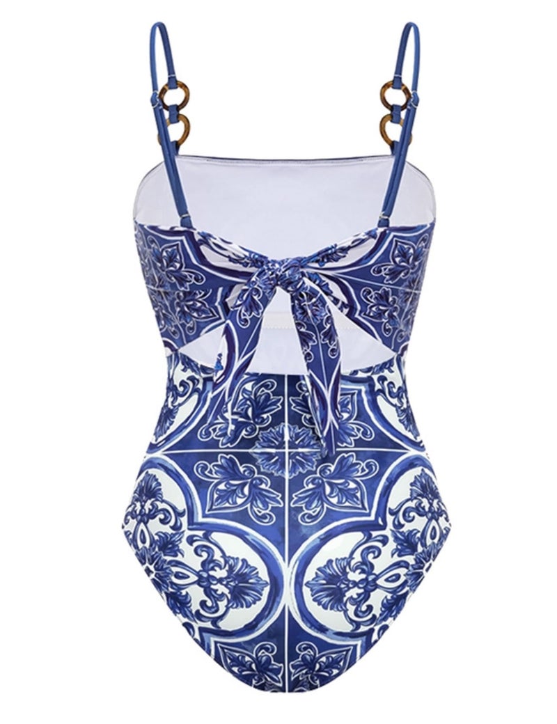 FLAXMAKER Women's One Piece Sling Classic Majolica Adjustable Bathing Suits Back Lace up Swimsuit with Skirt/Shorts(Blue #1 Skirt,L) - Image 5