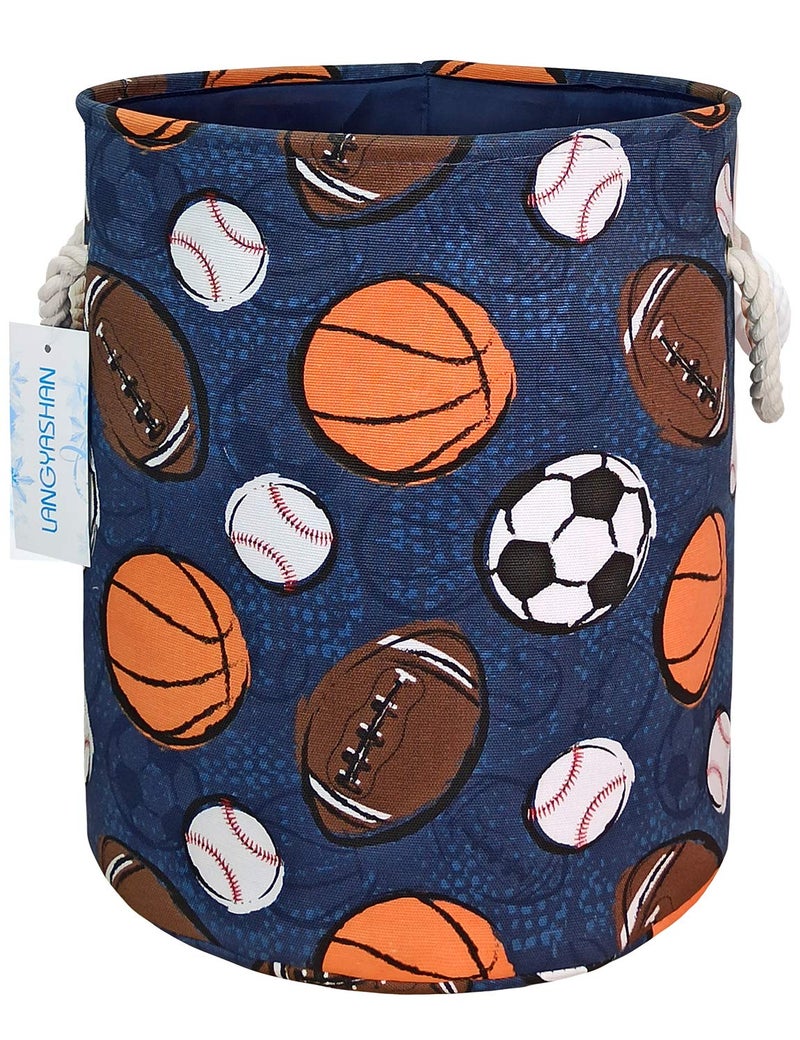 LANGYASHAN Laundry Basket Canvas Collapsible Organizer Storage Basket for Boys Girls Laundry Hamper Toy Bins Gift Baskets Bedroom Clothes Children Nursery (Navy Ball Game) - Image 1