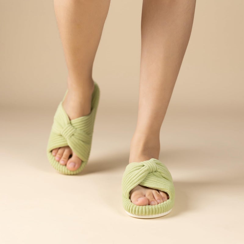 Chantomoo Slippers for Women Memory Foam House Bedroom Corduroy Bow Crossbands Slipper Shoes Comfy Trendy Gift Slippers Avocado Green Size 9 10 8.5 - Image 2