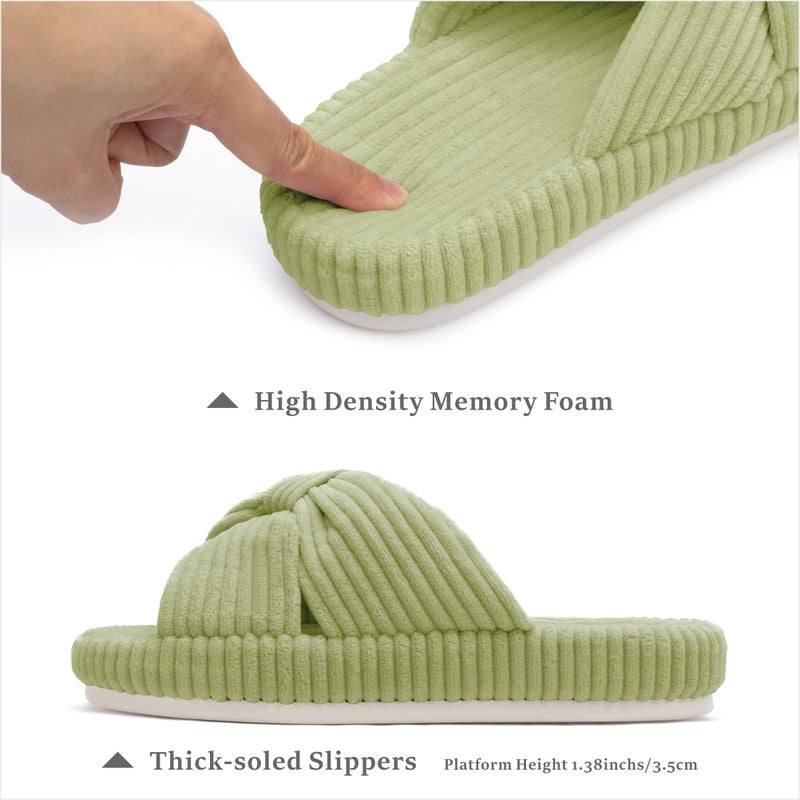 Chantomoo Slippers for Women Memory Foam House Bedroom Corduroy Bow Crossbands Slipper Shoes Comfy Trendy Gift Slippers Avocado Green Size 9 10 8.5 - Image 3