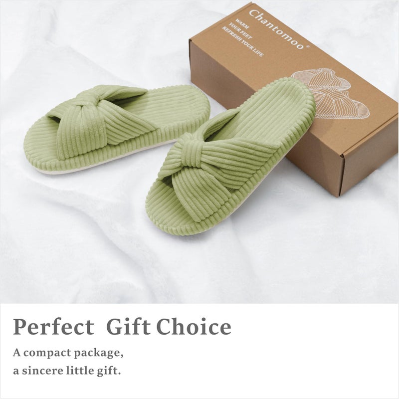 Chantomoo Slippers for Women Memory Foam House Bedroom Corduroy Bow Crossbands Slipper Shoes Comfy Trendy Gift Slippers Avocado Green Size 9 10 8.5 - Image 5