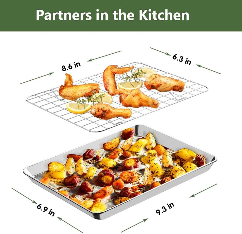 Rottay Small Baking Sheet Pan with Wire Rack Set [2 Pans + 2 Racks], 1/8 Stainless Steel Cookie Sheets for Oven, Warp Resistant & Heavy Duty & Rust Free, Size 9 x 7 x 1 Inches - Image 3