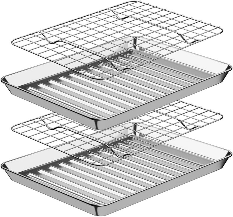Rottay Small Baking Sheet Pan with Wire Rack Set [2 Pans + 2 Racks], 1/8 Stainless Steel Cookie Sheets for Oven, Warp Resistant & Heavy Duty & Rust Free, Size 9 x 7 x 1 Inches - Image 1