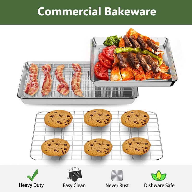 Rottay Small Baking Sheet Pan with Wire Rack Set [2 Pans + 2 Racks], 1/8 Stainless Steel Cookie Sheets for Oven, Warp Resistant & Heavy Duty & Rust Free, Size 9 x 7 x 1 Inches - Image 2