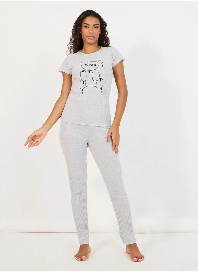 Styli Sleep Bear Graphic Rib T-Shirt & Pyjama Set