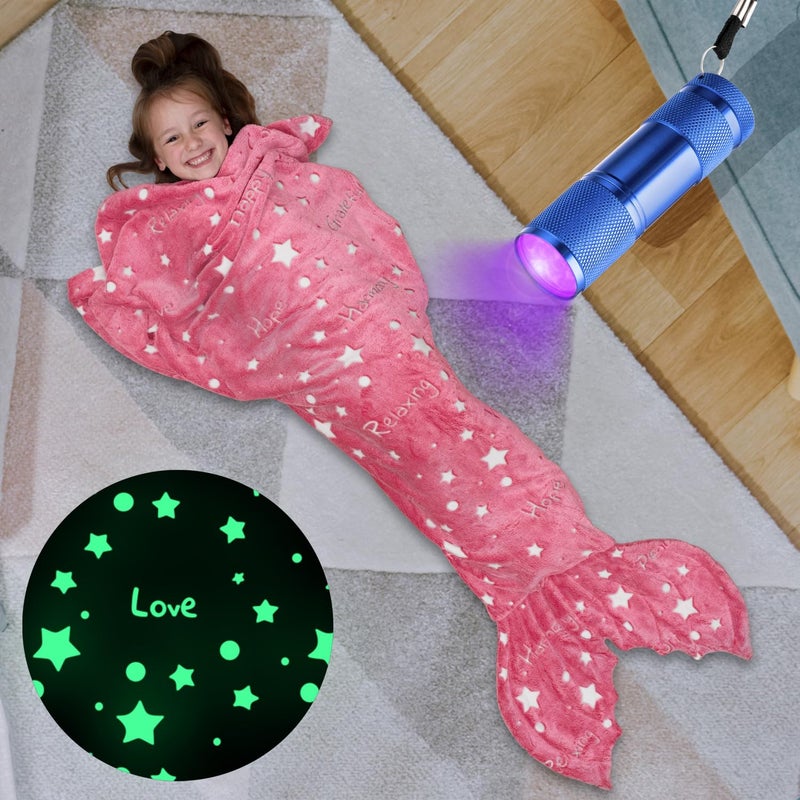 LIDERSTAR Mermaid Tail Blanket for Girls, Glow in The Dark Mermaid Sleeping Bag, Snuggle Girls Throw, Plush Cozy Soft Fleece Blanket for age 2-12, Valentine's Day Gifts for Kids Birthday Gift for Daughter, Pink - Image 1