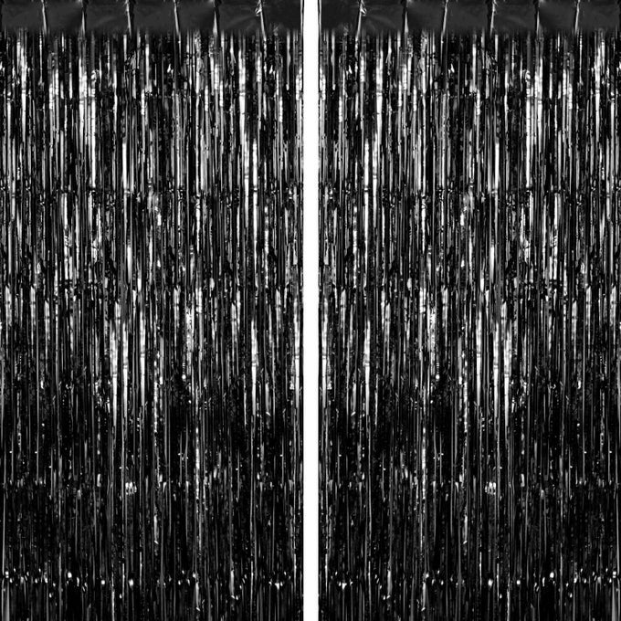 BLACK 2 PACK FOIL FRINGE CURTAINS BACKDROPS LARGE FRINGE CURTAINS DOOR STREAMERS FOR BIRTHDAY WEDDING BRIDAL SHOWER HOLIDAY GRADUATION PARTY DECORATIONS