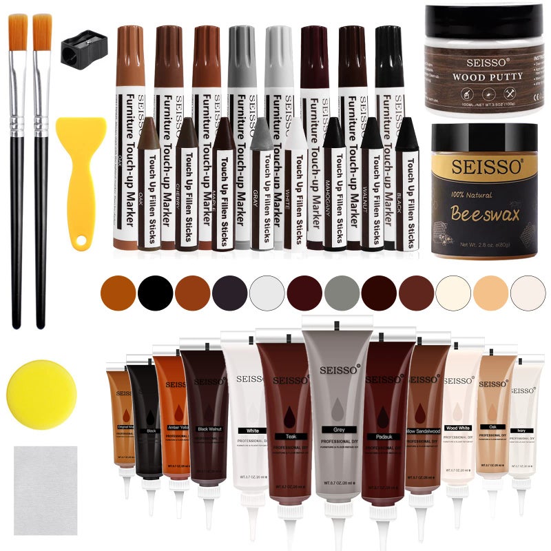 SEISSO Wood Scratch Repair Kit - Set of 36 Wood Filler Putty for Scratches Furniture Markers Touch Up Vinyl Floor Repair Kit - Restore a Finish, Cover Hardwood Scratches, Cracks, Hole, Table, Door - Image 1