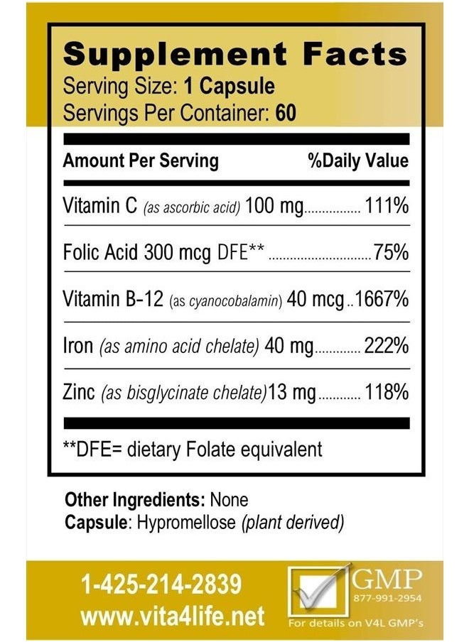 Vita4Life Iron Support 'Plus' Vitamin B-12 - Bariatric Supplement for Anemia - 60 Count  - Image 2