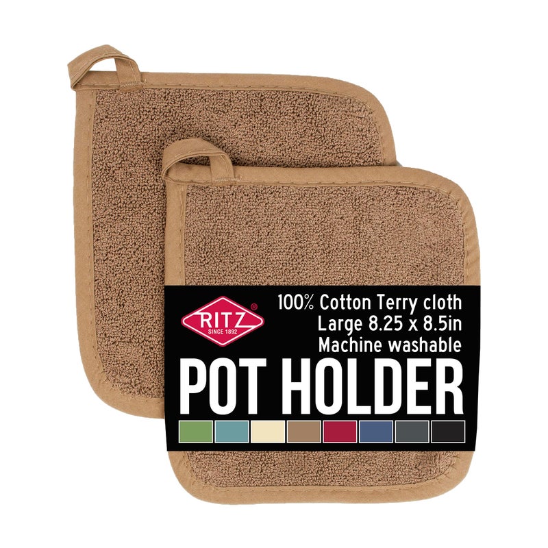 RITZ Terry Potholder & Hot Pad: Unparalleled Heat Resistant, Durable 100% Cotton â€“ Ergonomically Designed for Optimal Grip â€“ Easy-Care Machine Washable â€“ 2-Pack, Mocha - Image 1