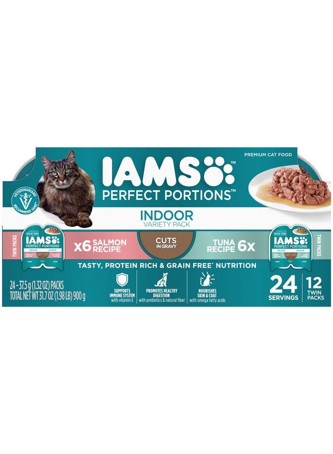 IAMS PERFECT PORTIONS Indoor Adult Grain Free Wet Cat Food Cuts in Gravy Variety Pack, Tuna Recipe and Salmon Recipe, (12) 2.6 oz. Easy Peel Twin-Pack Trays - Image 1