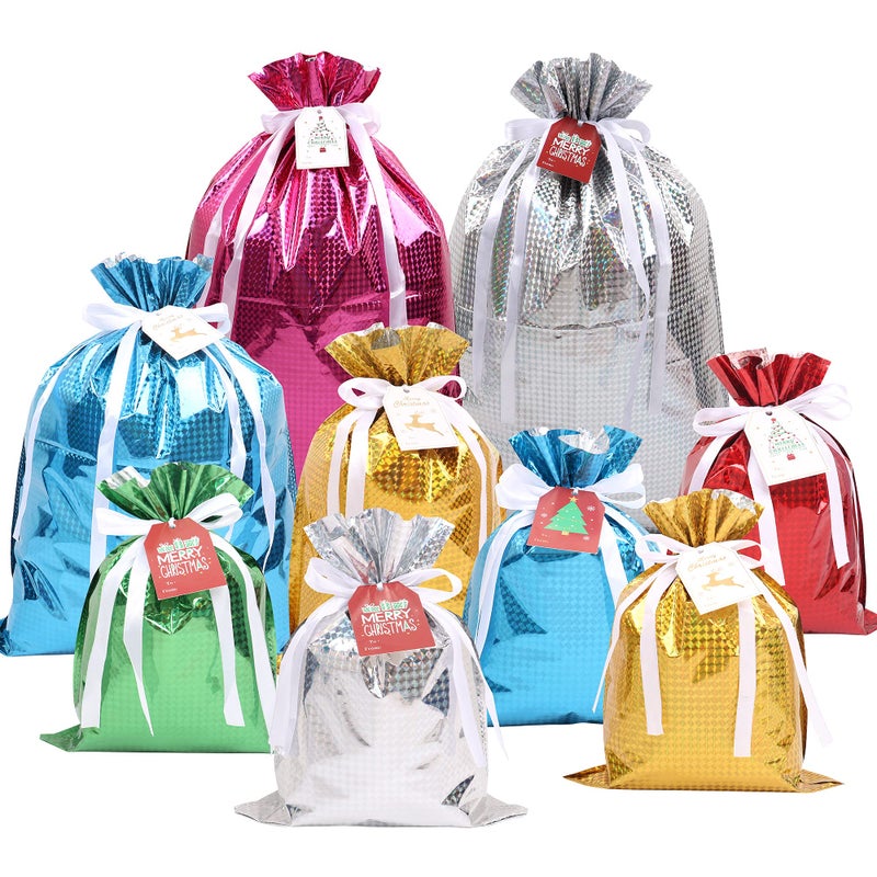 MAMUNU 15PCS Christmas Drawstring Gift Bags Assorted Sizes Solid Color Goodie Bags Presents Wrapping Bag with Drawstring Ribbons and Tags Gift Wrapping Bag for Christmas Holiday Birthday Party
