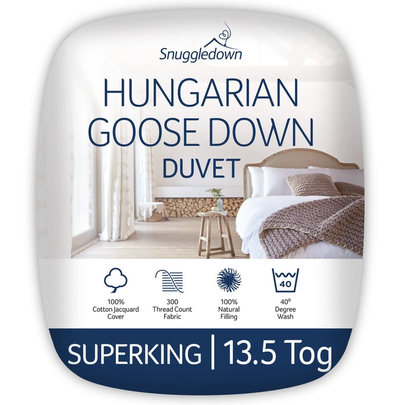 Snuggledown Hungarian Goose Down Super King Duvet  135 Tog UKMade Luxury Quilt Ethically Sourced 80 Down 300tc Jacquard Cotton Cover  Extra Cosy  Thick for Cold Winter Nights 260 x 220cm