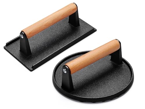 AIVIKI Burger Press, Smash Burger Press for Blackstone Griddle, Heavy Duty Cast Iron Round 6.9In & Rectangular 8.2x4.2In Bacon Grill Press with Wood Handle, Meat Steak Weight for Sandwich, Paninis - Image 1