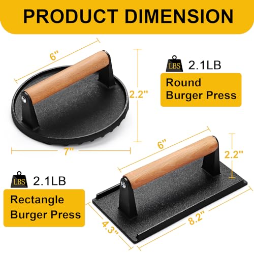 AIVIKI Burger Press, Smash Burger Press for Blackstone Griddle, Heavy Duty Cast Iron Round 6.9In & Rectangular 8.2x4.2In Bacon Grill Press with Wood Handle, Meat Steak Weight for Sandwich, Paninis - Image 2
