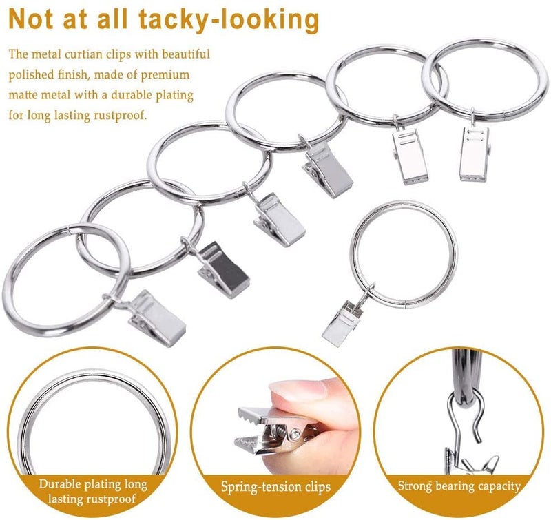SHOPEE 24 PCS Curtain Backdrop Rings with Clips, Drapery Clips with Rings, Hangers Drapes Rings 2 Inch Interior Diameter, Fits up to 1.75 Inch Curtain Rod,Silver - Image 2