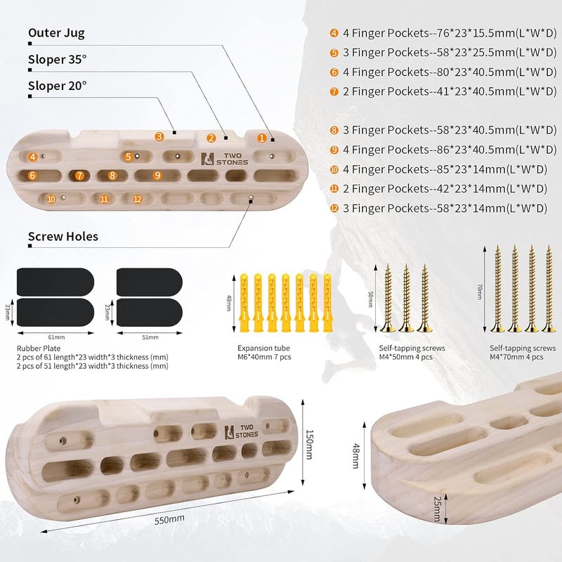 TWO STONES Climbing Hangboard - Rock Climbing Training Fingerboard with Jugs, Slopes, Edges, and Pockets - Image 2