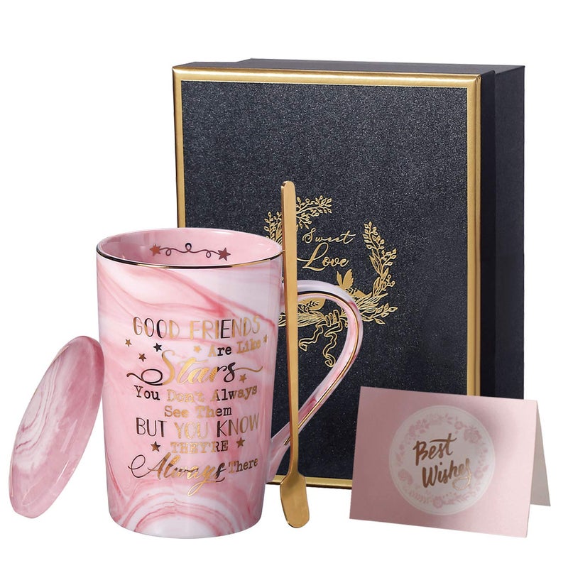 Doublewhale Friend Friendship Gifts Coffee Mug  Good Fiends are Like Stars 14 Oz Pink Ceramic Marble Mug Tea Cup Ideal Gifts for Women Girls Friends Birthday