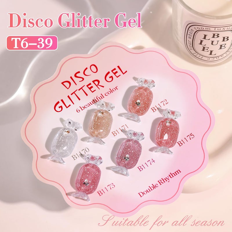 Double Rhythm 0.5 Oz Glitter Gel Polish Set of 6 Color with Display Board 15 ml Full Size Kit Shimmer Reflective Sparkle Soak Off Manicure Salon DIY at Home (Silver Nude Rose Coral Pink-T6-39) - Image 3