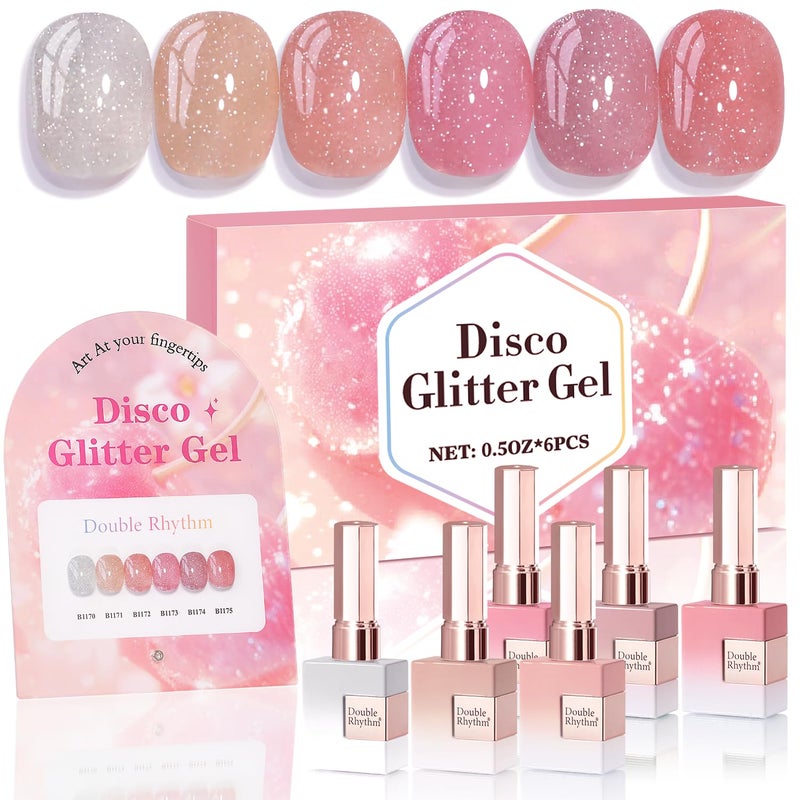Double Rhythm 0.5 Oz Glitter Gel Polish Set of 6 Color with Display Board 15 ml Full Size Kit Shimmer Reflective Sparkle Soak Off Manicure Salon DIY at Home (Silver Nude Rose Coral Pink-T6-39) - Image 1