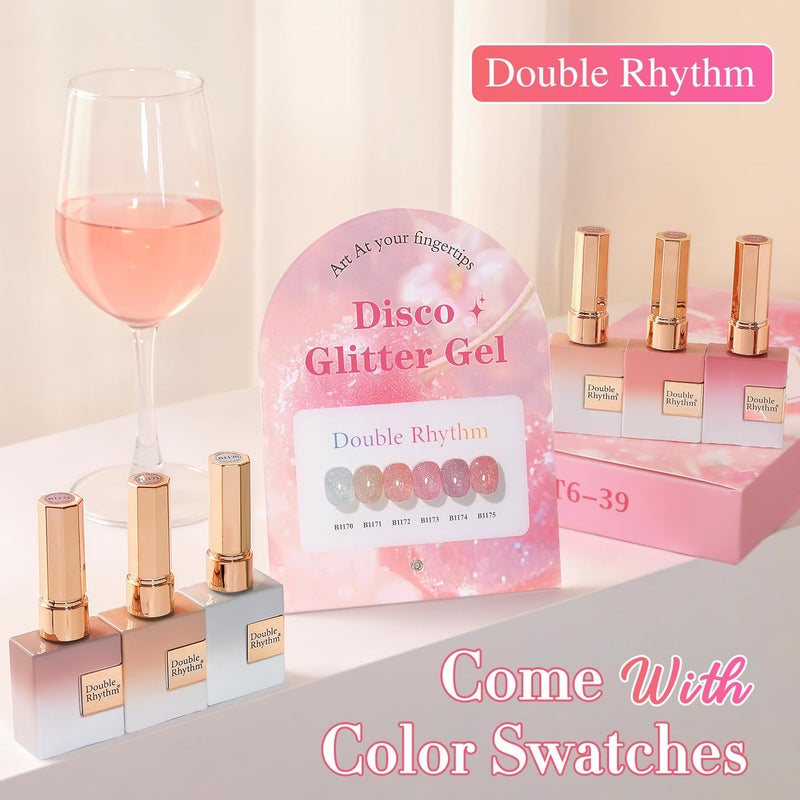 Double Rhythm 0.5 Oz Glitter Gel Polish Set of 6 Color with Display Board 15 ml Full Size Kit Shimmer Reflective Sparkle Soak Off Manicure Salon DIY at Home (Silver Nude Rose Coral Pink-T6-39) - Image 2