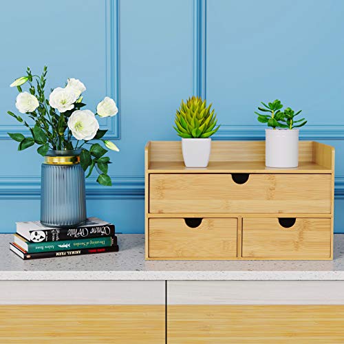 Wisuce Bamboo Desk Drawer Organizer, Desktop Organizer with Drawers Tabletop Storage Organization Box for Office Home Toiletries Supplies Vanity, No Assembly Required(1 with shelf-3 Drawers) - Image 2