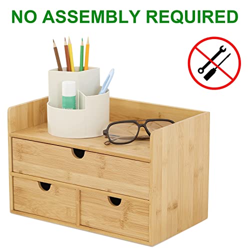 Wisuce Bamboo Desk Drawer Organizer, Desktop Organizer with Drawers Tabletop Storage Organization Box for Office Home Toiletries Supplies Vanity, No Assembly Required(1 with shelf-3 Drawers) - Image 3