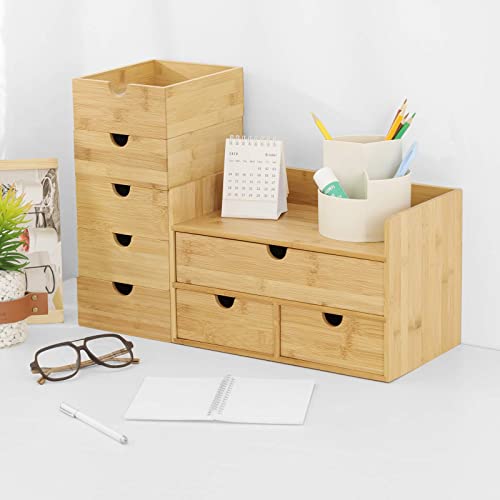 Wisuce Bamboo Desk Drawer Organizer, Desktop Organizer with Drawers Tabletop Storage Organization Box for Office Home Toiletries Supplies Vanity, No Assembly Required(1 with shelf-3 Drawers) - Image 5