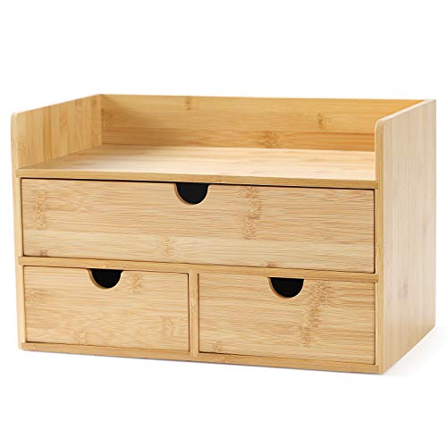 Wisuce Bamboo Desk Drawer Organizer, Desktop Organizer with Drawers Tabletop Storage Organization Box for Office Home Toiletries Supplies Vanity, No Assembly Required(1 with shelf-3 Drawers) - Image 1