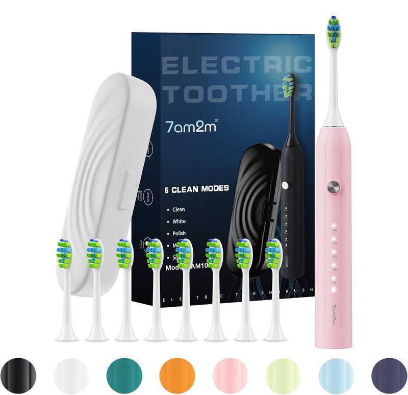 7AM2M Sonic Electric Toothbrush for Adults and Kids, with 8 Brush Heads and Travel Case,5 Modes with 2 Minutes Built in Smart Timer, One Charge Use for 90 Days, Rechargeable Toothbrushes(Pink) - Image 1
