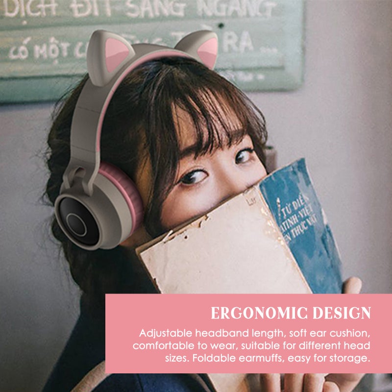 Glowing Cat Ear Headphones 40mm Driver BT5.3 Foldable Over Ear Headset - 7 Color Breathing Lights Multiple Playback Options Ergonomic Design for Kids Girls Cosplay Fans - Image 2