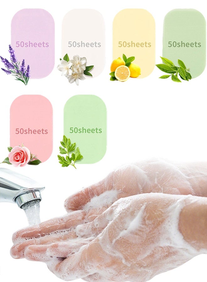 300 Sheets 6 Packs Travel Size Foaming Paper Soap Sheets Refills, Disposable Scented Hand Washing Soap Flakes for Traveling, Camping & Hiking Essentials - Image 1