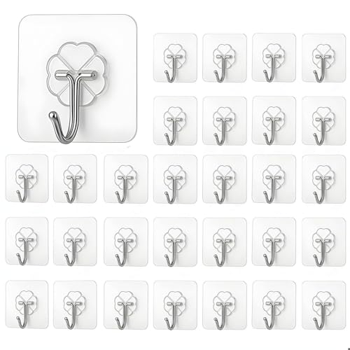 HomeStrap Transparent Self-Adhesive Hooks (Pack of 30) | Rustproof & Waterproof PVC Hooks | Strong Wall Hanging Solutions Without Drilling for Kitchen and Bathroom Accessories - Image 1