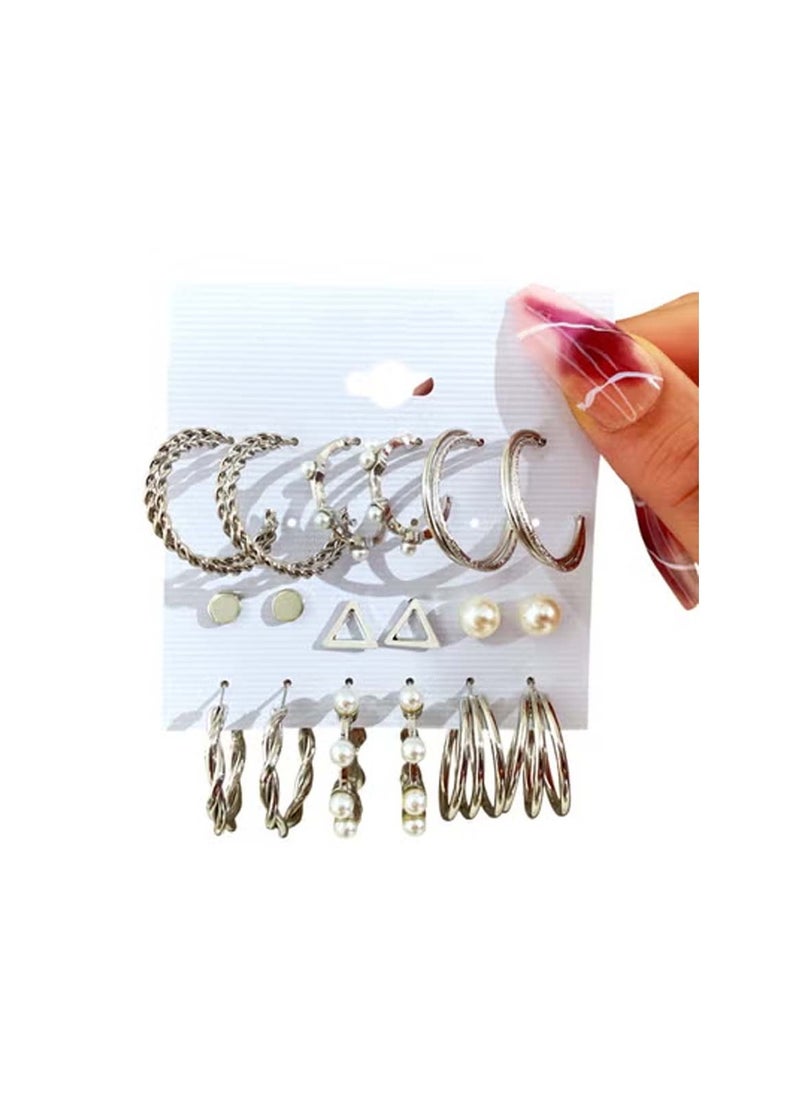 Huitich Stylish Silver-Tone Hoop & Stud Earrings Set – 9 Pairs with Pearl Accents  - Image 1