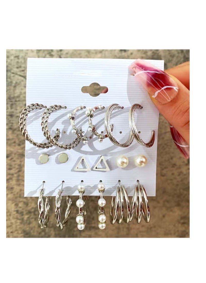 Huitich Stylish Silver-Tone Hoop & Stud Earrings Set – 9 Pairs with Pearl Accents  - Image 2