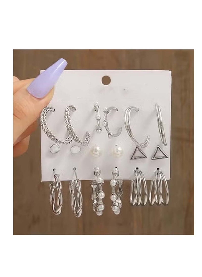 Huitich Stylish Silver-Tone Hoop & Stud Earrings Set – 9 Pairs with Pearl Accents  - Image 3