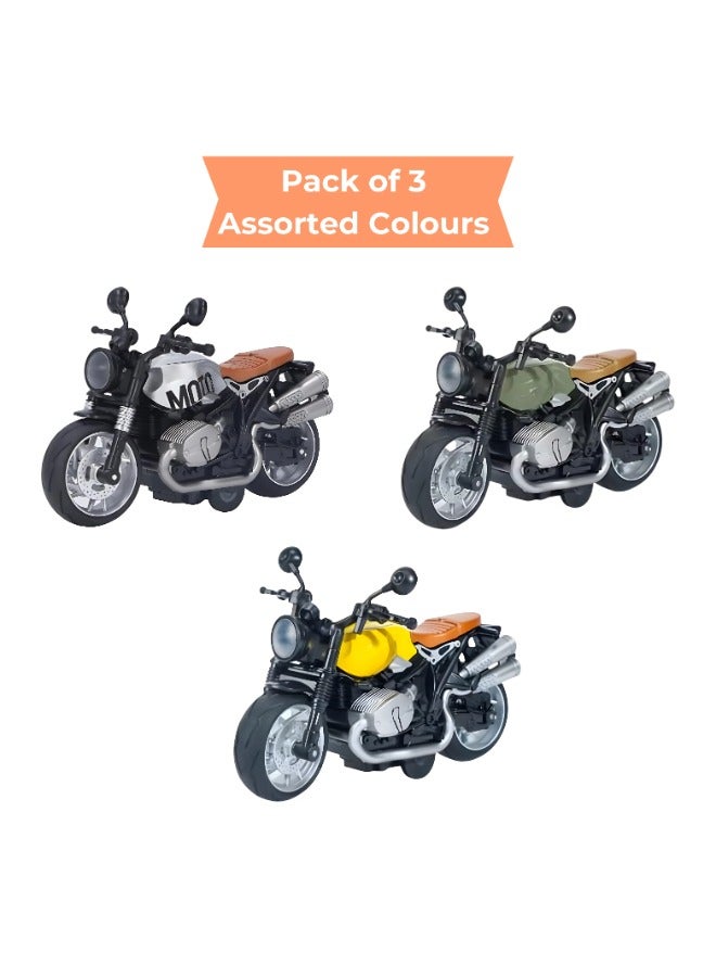 حديقة الألعاب مجموعة من 3 لعبة دراجة نارية قابلة للسحب – ألوان مختلطة مع أضواء وصوت | لعبة دراجة نارية واقعية للأطفال من عمر 3 إلى 5 سنوات | لعبة دراجة ممتعة ومتينة للأطفال - Image 1