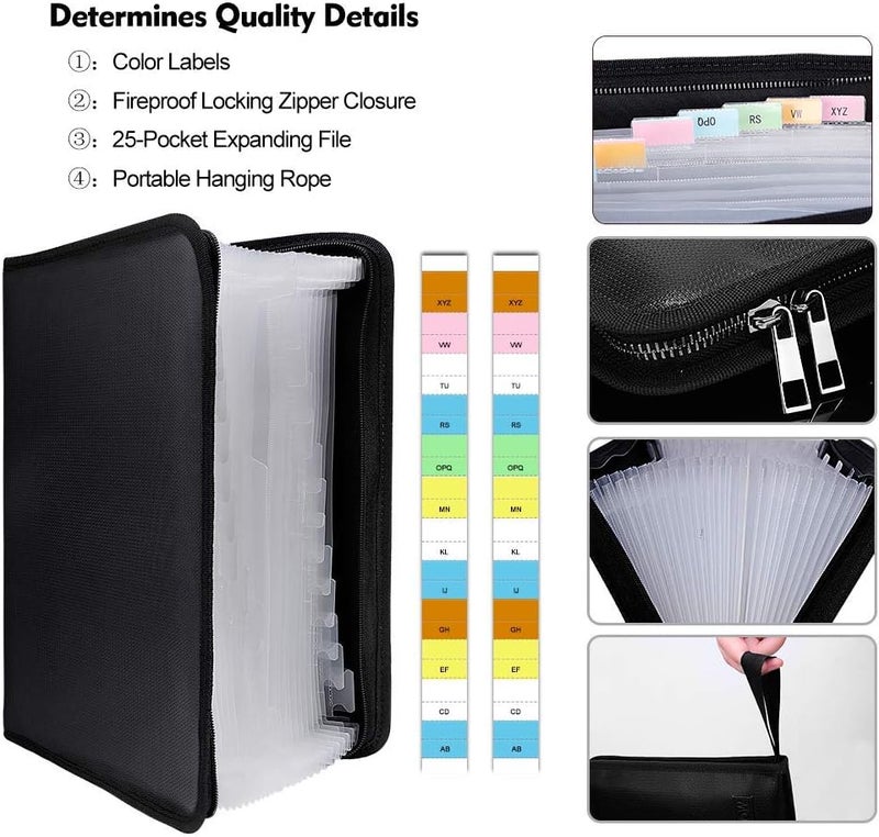 ENGPOW Expanding File Folder Important Document Organizer Fireproof Document Bag-A4 Size, 25 Pockets,Color Labels,Non-Itchy Silicone Coated Portable Filing Organizer Folder(14.3" x 9.8") - Image 3