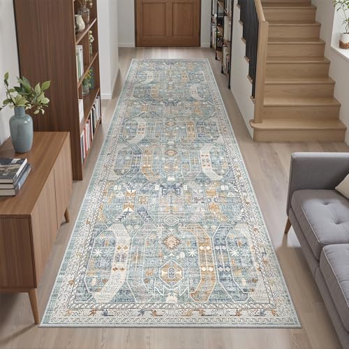 Madane Runner Rug 2'6''x8' Kitchen Runner, Hallway Runner Printed Vintage Washable Rugs Soft Non-Slip Low Pile Runners for Hallways Laundry Room Distressed Carpet, Blue/Gold - Image 4