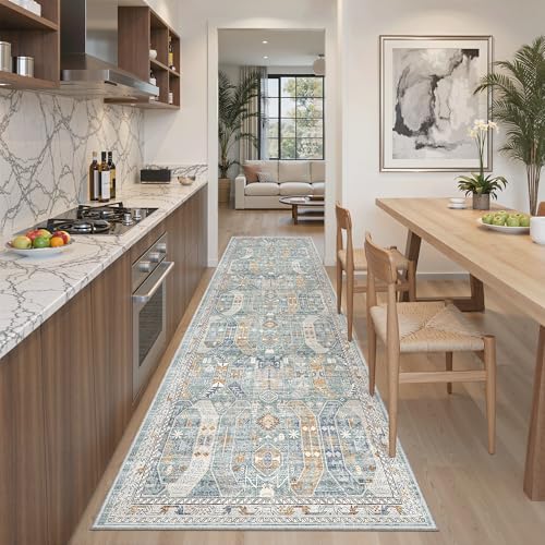 Madane Runner Rug 2'6''x8' Kitchen Runner, Hallway Runner Printed Vintage Washable Rugs Soft Non-Slip Low Pile Runners for Hallways Laundry Room Distressed Carpet, Blue/Gold - Image 1