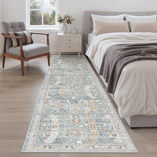 Madane Runner Rug 2'6''x8' Kitchen Runner, Hallway Runner Printed Vintage Washable Rugs Soft Non-Slip Low Pile Runners for Hallways Laundry Room Distressed Carpet, Blue/Gold - Image 3