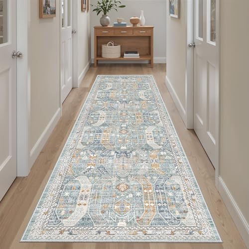 Madane Runner Rug 2'6''x8' Kitchen Runner, Hallway Runner Printed Vintage Washable Rugs Soft Non-Slip Low Pile Runners for Hallways Laundry Room Distressed Carpet, Blue/Gold - Image 2