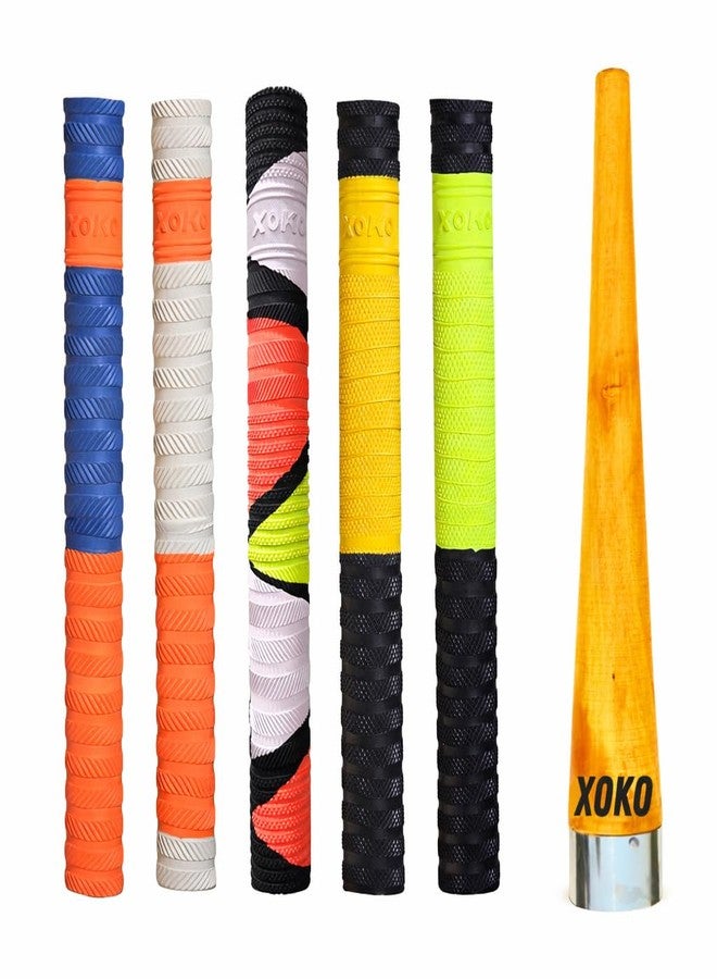 XOKO Premium Cricket Bat Handle Grip Set, Dynamic Texture, 5 Multicolor Performance Grips with Wooden Cone, Enhanced Shock Absorption, Pack of 6 - Image 1