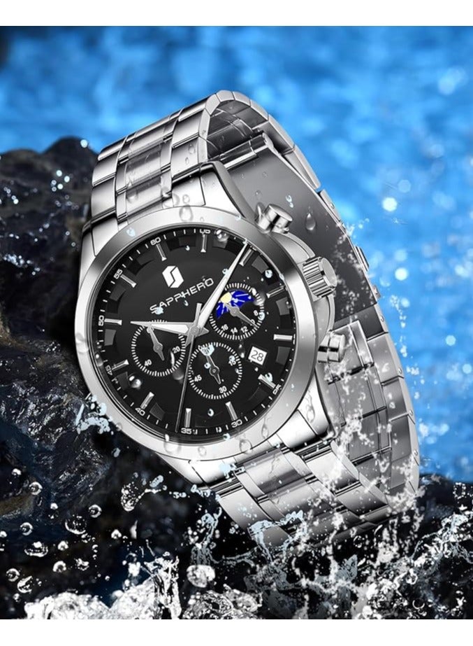 Sapphero Mens Watches Multifunction Chronograph Date Quartz Watch for Men Stainless Steel Band Wrist Watch Gift for Men Casual Business - Image 4