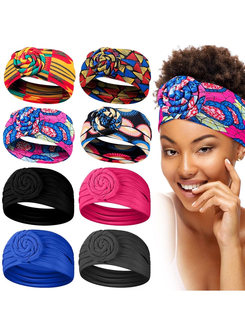 Waydress 8 Pieces African Headband Elastic Boho Print Headband Sports Hairband Twisted Wide Knotted Headwrap for Black Women Elegant Style 