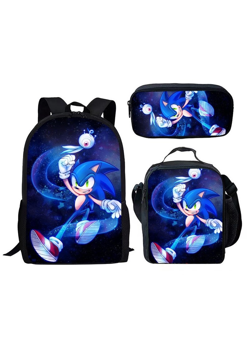 سونيك مجموعة حقيبة ظهر ذات سعة كبيرة للطلاب من سونيك مكونة من ثلاث قطع، حقيبة ظهر كرتونية أنيمي، حقيبة كتف حقيبة قلم