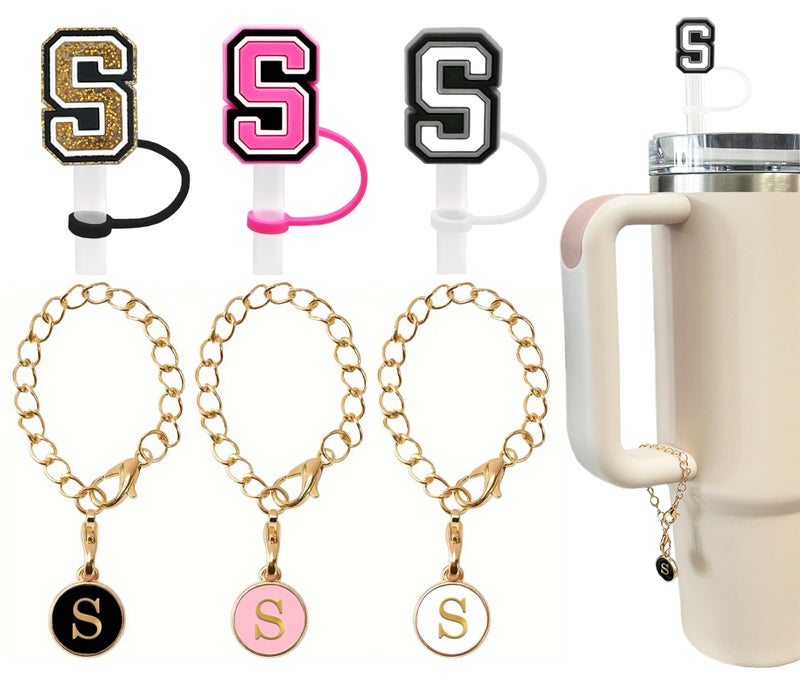 3 3 3PCS Nuozme Straw Cover 10mm For Stanley Tumbler Cup Reusable Straw Cap Topper with 3 Initial Letter Charms Accessories Name ID Personalized Handle Charm For Stanley 3040 Oz Cup Tumbler