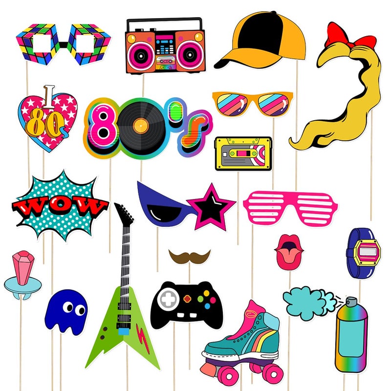 LUOEM 21pcs 80s Photo Booth Props Funny Birthday Party Photo Props with Wooden Sticks Creative Party Supplies for 1980s Theme Birthday Party Decoration Accessories - Image 3